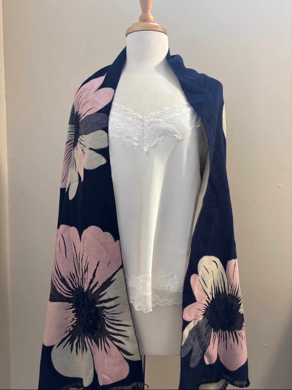 Floral Navy & Pink Women's Viscose/Cashmere Floral Wrap / Shawl - Reversible